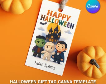 May include: A white Halloween gift tag with the words "HAPPY HALLOWEEN" and illustrations of a bat, a haunted house, and cartoon characters. The tag includes the text "FROM: GEORGE" and is on an orange background with pumpkins.