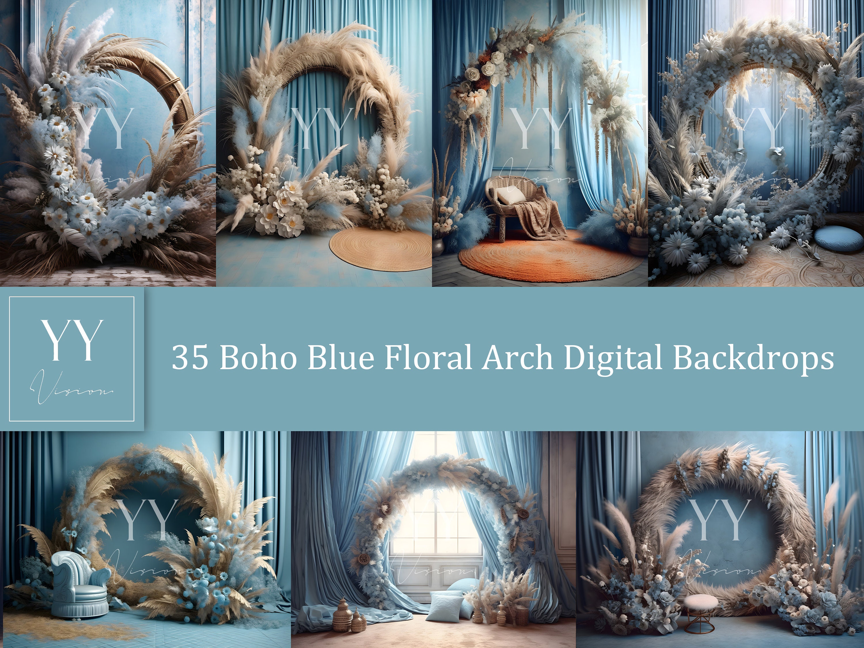 35 Boho Blue Floral Arch Digital Backdrop Sets for Maternity Wedding ...
