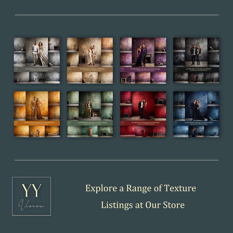 May include: A collection of eight digital backgrounds featuring textured walls and a fireplace. Each background is a different color, including earth tones, dark purple, black, gold, green, red, and blue. The backgrounds are ideal for photographers and graphic designers.