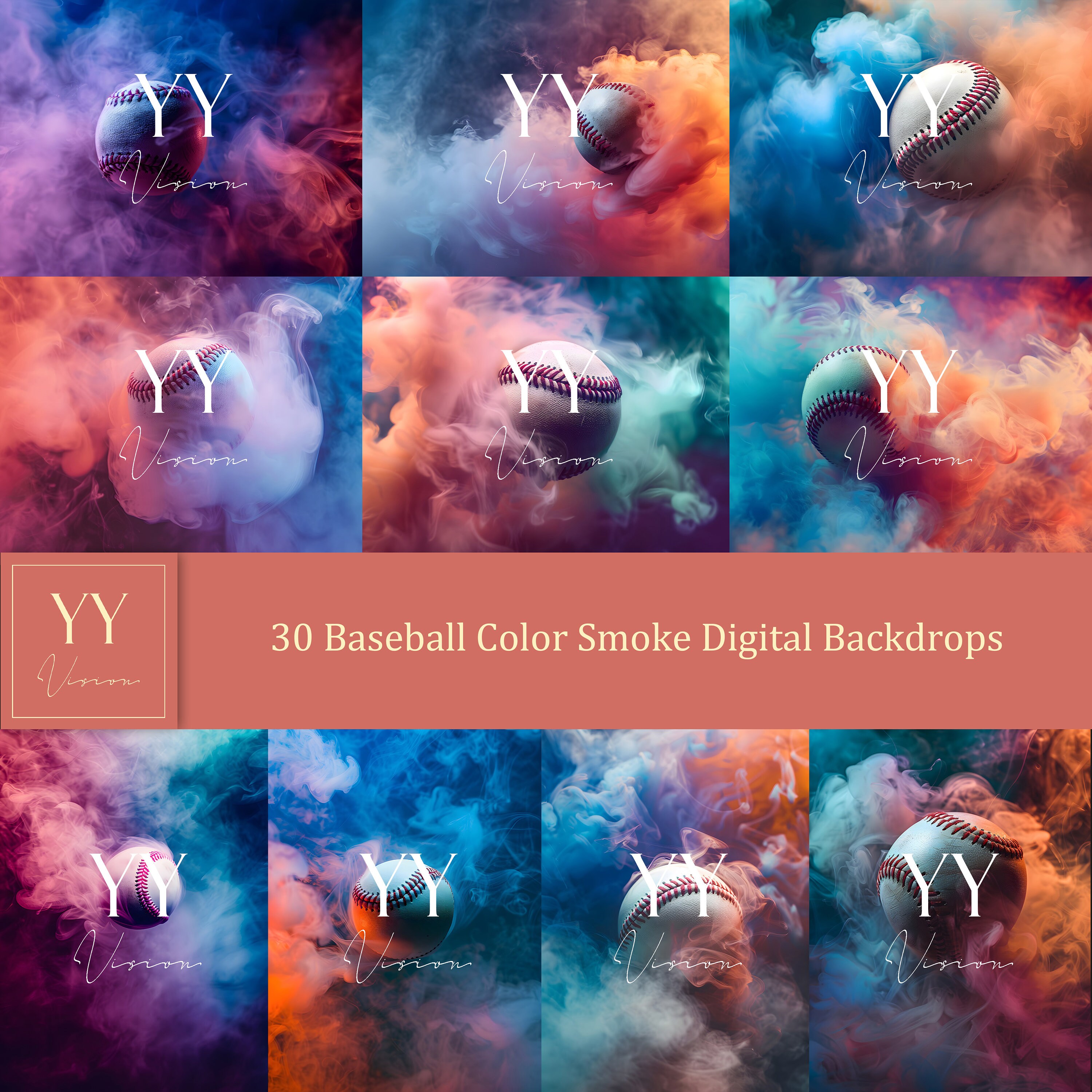 30 Baseball Color Smoke Digital Backdrops Sets for Sports School ...