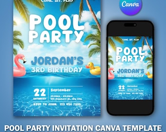 Może przedstawiać: Szablon zaproszenia na przyjęcie przy basenie ze słowami "POOL PARTY" dużymi białymi literami. Zaproszenie zawiera tekst "JORDAN'S 3RD BIRTHDAY" i przedstawia flaminga i gumową kaczkę. Data to 22 września.