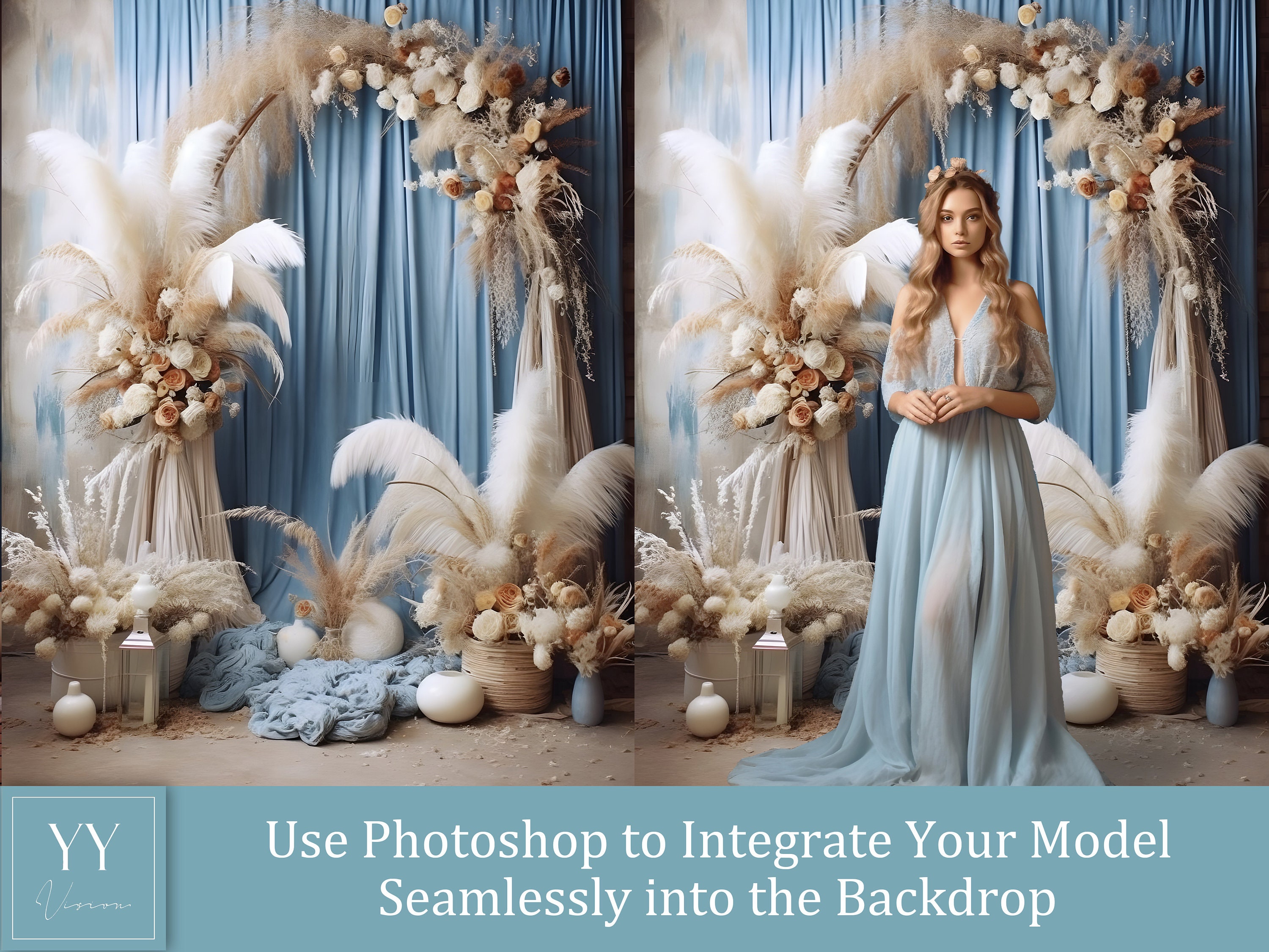35 Boho Blue Floral Arch Digital Backdrop Sets for Maternity Wedding ...