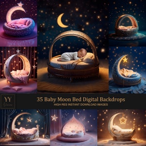 Puede incluir: Un conjunto de 35 fondos digitales que presentan una cama con forma de luna creciente con una estrella en la parte superior. La cama está decorada con ribetes dorados y un colchón suave y mullido. Los fondos son perfectos para la fotografía de recién nacidos y presentan una variedad de fondos de cielo nocturno estrellado.
