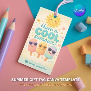 Passez un été cool | Étiquette-cadeau de fin d'année modifiable | Cadeau d'été imprimable pour enfants | Téléchargement instantané | Modèle Canva V3