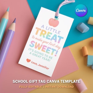 Traktatielabel First Day of School - afdrukbare Back to School-bedankje - bewerkbaar Apple-cadeaulabel voor kinderen - label Sweet Start to School Year V4