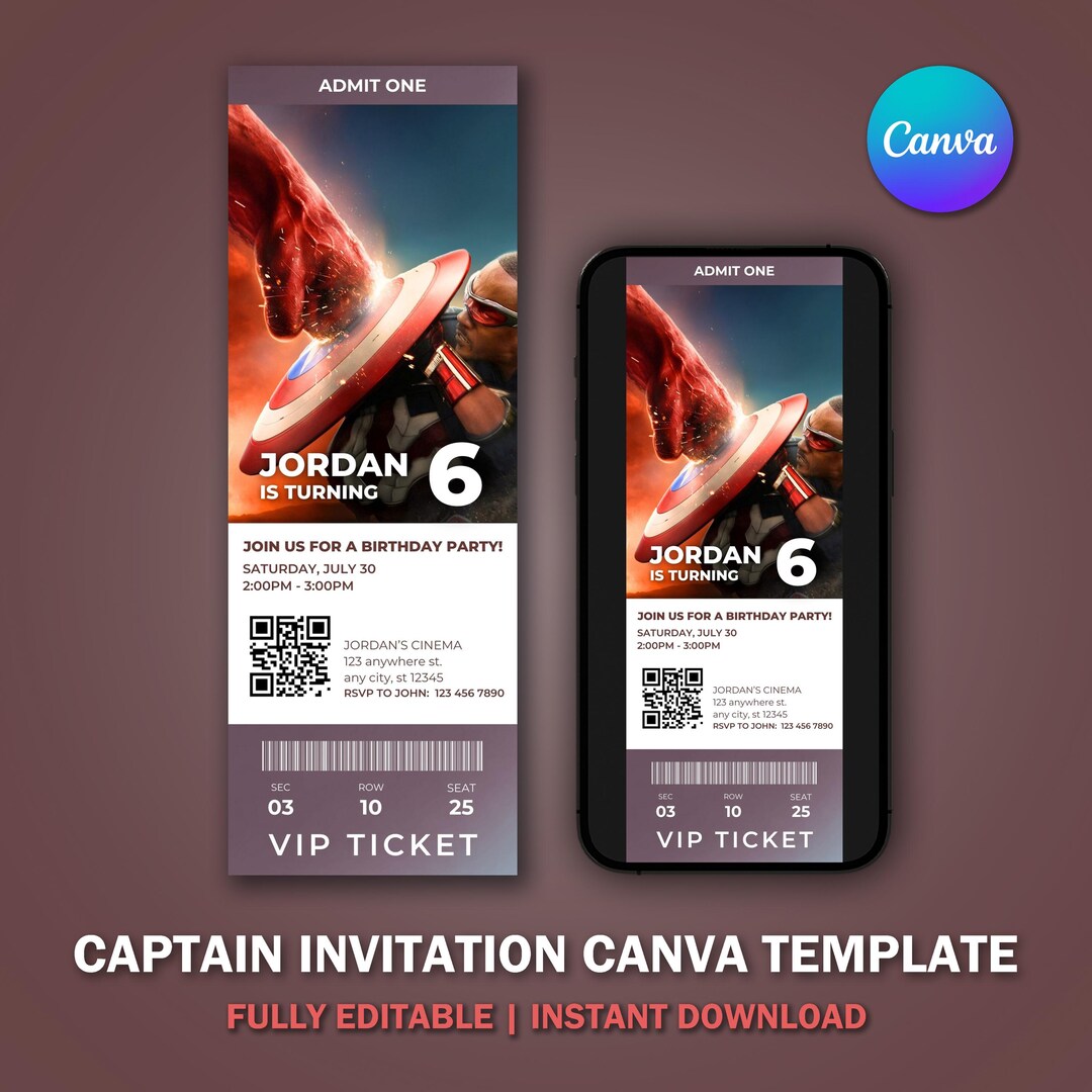 Captain Superhero Ticket Invitation Template V2 for Movie Party ...