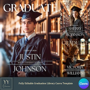 Peut inclure: Un modèle de diplôme avec trois diplômés en toges et chapeaux, dans une bibliothèque. Le modèle comprend les noms de Justin, Sherry et Victoria, ainsi que leurs diplômes et universités. Le mot "GRADUATE" est affiché en haut.