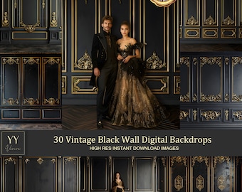 30 Vintage Black Wall with Gold Frame Digital Backdrops Sets for Wedding Maternity Studio Photography Digital Backdrops Photoshop Background