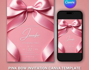 Pink Bow  Birthday Invitation Template V4 | Editable Printable Digital Invitation | Canva Template | Instant Download
