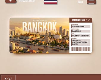 May include: A digital boarding pass gift ticket for a trip to Bangkok, featuring a scenic view of the city skyline and temples along a river. The text reads YOU ARE GOING TO BANGKOK, PASSENGER DAVID MILLER, DATE 05/11/27 - 05/30/27, and SURPRISE! HAPPY BIRTHDAY DAVID!