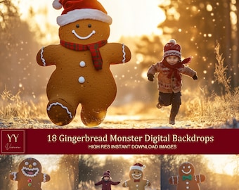 May include: 18 digital backdrops featuring a gingerbread man in a snowy winter scene. The gingerbread man is wearing a red Santa hat and a red and white scarf. A child in a red and white hat and scarf is running past the gingerbread man.