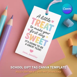 Traktatielabel First Day of School - afdrukbare back to school-bedankje - bewerkbaar Apple-cadeaulabel voor kinderen - label Sweet Start to School Year V5