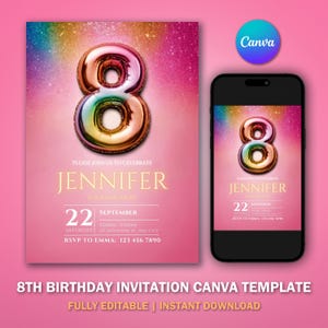 8th Birthday Invitation Template V3 for Glitter Birthday Party | Editable Printable Digital Invitation | Canva template | Instant Download