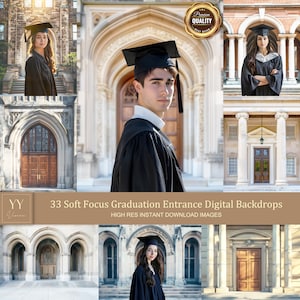May include: 33 digital backdrops featuring soft focus images of a university entrance with a large archway and columns. The backdrops are ideal for graduation photos.