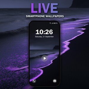 May include: A smartphone screen displaying a live wallpaper of a purple wave crashing on a black sand beach. The time is 10:26 and the date is Saturday, 21 September.