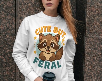 Cute But Feral PNG, Funny Raccoon Sarcastic Quote, Snarky Adult Humor PNG, Vintage Retro Shirt Design, Feral Animal Sublimation File V9