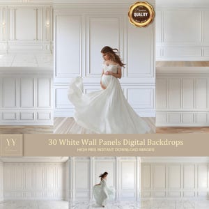 May include: 30 white wall panel digital backdrops. High resolution images for photography and design.  The backdrops feature a classic white wall panel design with a subtle texture.