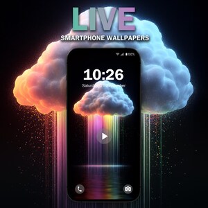 Peut inclure: Un smartphone affichant un fond d'écran animé avec un nuage qui pleut un arc-en-ciel. L'heure est 10h26 et la date est samedi 21 septembre. Le fond d'écran est animé et le nuage se déplace.