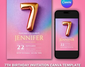Może przedstawiać: Różowo-fioletowe tło z gradientem z złotym balonem w kształcie cyfry 7. Tekst "PLEASE JOIN US TO CELEBRATE JENNIFER IS TURNING SEVEN" jest napisany na biało. Data "22 SEPTEMBER" jest napisana na biało. Godzina "02:00PM - 6:00PM" jest napisana na biało. Dzień "SATURDAY" jest napisany na biało. Adres "123 ANYWHERE ST. ANY CITY" jest napisany na biało. Informacje RSVP "RSVP TO EMMA: 123 456 7890" są napisane na biało. Tekst "7TH BIRTHDAY INVITATION CANVA TEMPLATE FULLY EDITABLE | INSTANT DOWNLOAD" jest napisany na biało.