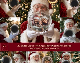 May include: Twenty digital backdrops featuring Santa Claus holding a snow globe. The snow globes are empty, allowing for customization with images or text. The backdrops are ideal for creating festive holiday designs.
