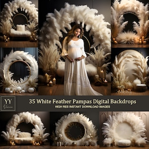 以下が含まれることがあります： 白いパンパスグラスと金の輪が付いたデジタル背景35枚セット。ボヘミアンまたはミニマルな美学を作成するのに最適です。