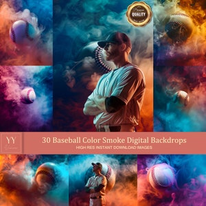 30 Baseball Color Smoke Digital Backdrops Sets for Sports School Holiday Photography Background Portrait Photoshop Editing