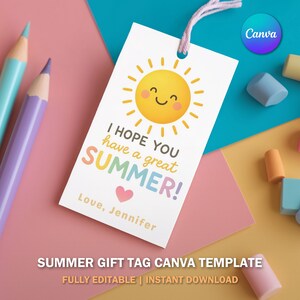 Etiqueta de regalo de verano PNG, imprimible "Que tengas un verano genial", etiqueta de fin de año con un sol arcoíris, etiqueta editable para profesor/a o estudiante (V4)