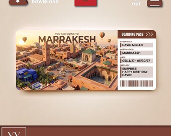 May include: A digital boarding pass gift ticket for a trip to Marrakesh, featuring an illustration of the city with hot air balloons. The text reads: YOU ARE GOING TO MARRAKESH, BOARDING PASS, DAVID MILLER, 05/11/27 - 05/30/27, SURPRISE! HAPPY BIRTHDAY DAVID!
