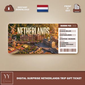 Printable NETHERLANDS Surprise Ticket | Editable Boarding Pass |Netherlands Vacation Gift |Customizable Digital Trip Ticket for Any Occasion