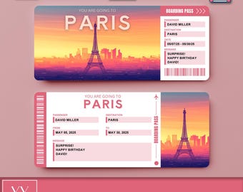 May include: A printable digital gift ticket for a trip to Paris. The ticket features a pink and white design with a silhouette of the Eiffel Tower and the text "You are going to Paris".