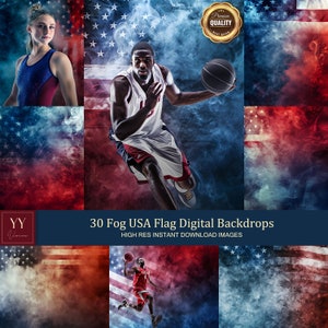 May include: 30 digital backdrops featuring a red, white, and blue American flag with smoke and fog effects.  The backdrops are high resolution and perfect for photographers and graphic designers.