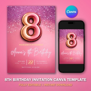 8th Birthday Invitation Template V1 for Glitter Birthday Party | Editable Printable Digital Invitation | Canva template | Instant Download