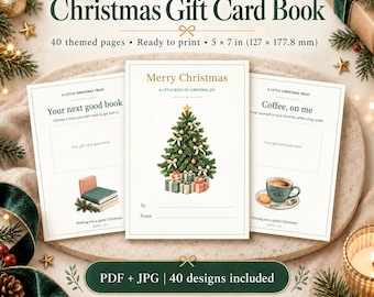Printable Christmas Gift Card Book, 40 Watercolor Pages, 5x7 PDF and JPG