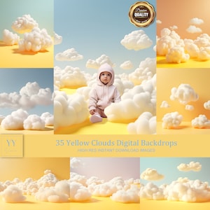 Könnte beinhalten: Eine Sammlung von 35 digitalen Hintergründen mit flauschigen weißen Wolken vor gelbem Hintergrund. Die Hintergründe sind in hoher Auflösung und perfekt, um Ihren Fotos einen verspielten Touch zu verleihen.