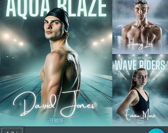 May include: A Canva template for a swimming team photo featuring three swimmers. The template has a blue and green color scheme with fog and pool lights. The text "Aqua Blaze", "Tide Trinbe", and "Wave Riders" are featured on the template. The text "Fully Editable Fog Swimming Pool Lights Canva Template" is at the bottom of the template.