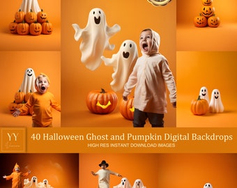 May include: A set of 40 digital backdrops featuring Halloween-themed images of ghosts and pumpkins. The backdrops are perfect for creating festive photos and digital art.
