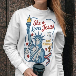 She Loves Jesus and America PNG, Christian Patriotic Woman Design, Retro Liberty and Cross Sublimation, Faith and Freedom USA Graphic V1