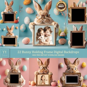 Könnte beinhalten: Ein digitaler Hintergrund mit einem braunen Kaninchen, das eine Brille trägt und einen Bilderrahmen hält. Das Kaninchen ist von bunten Ostereiern umgeben. Der Rahmen ist leer und bereit für Ihr eigenes Foto.