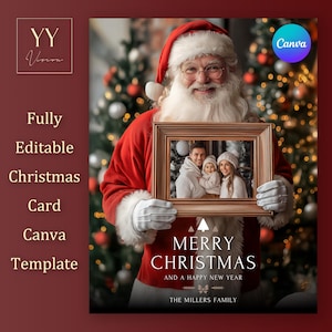 Modello Canva V5 per biglietti di auguri natalizi vintage di Babbo Natale con tutorial per biglietti di auguri personalizzati, stampabili e modificabili, post sui social media