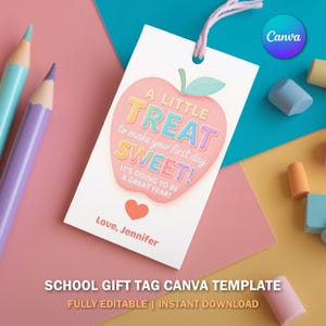 First Day of School Treat Tag - Printable Back to School Favor - Editable Apple Gift Tag for Kids - Sweet Start to School Year Label V3