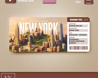 Może przedstawiać: Cyfrowy bilet prezentowy na wycieczkę do Nowego Jorku z ilustracją krajobrazu miejskiego. Bilet zawiera tekst "YOU ARE GOING TO NEW YORK" i "BOARDING PASS". Pasażer nazywa się David Miller, a wiadomość brzmi "SURPRISE! HAPPY BIRTHDAY DAVID!"