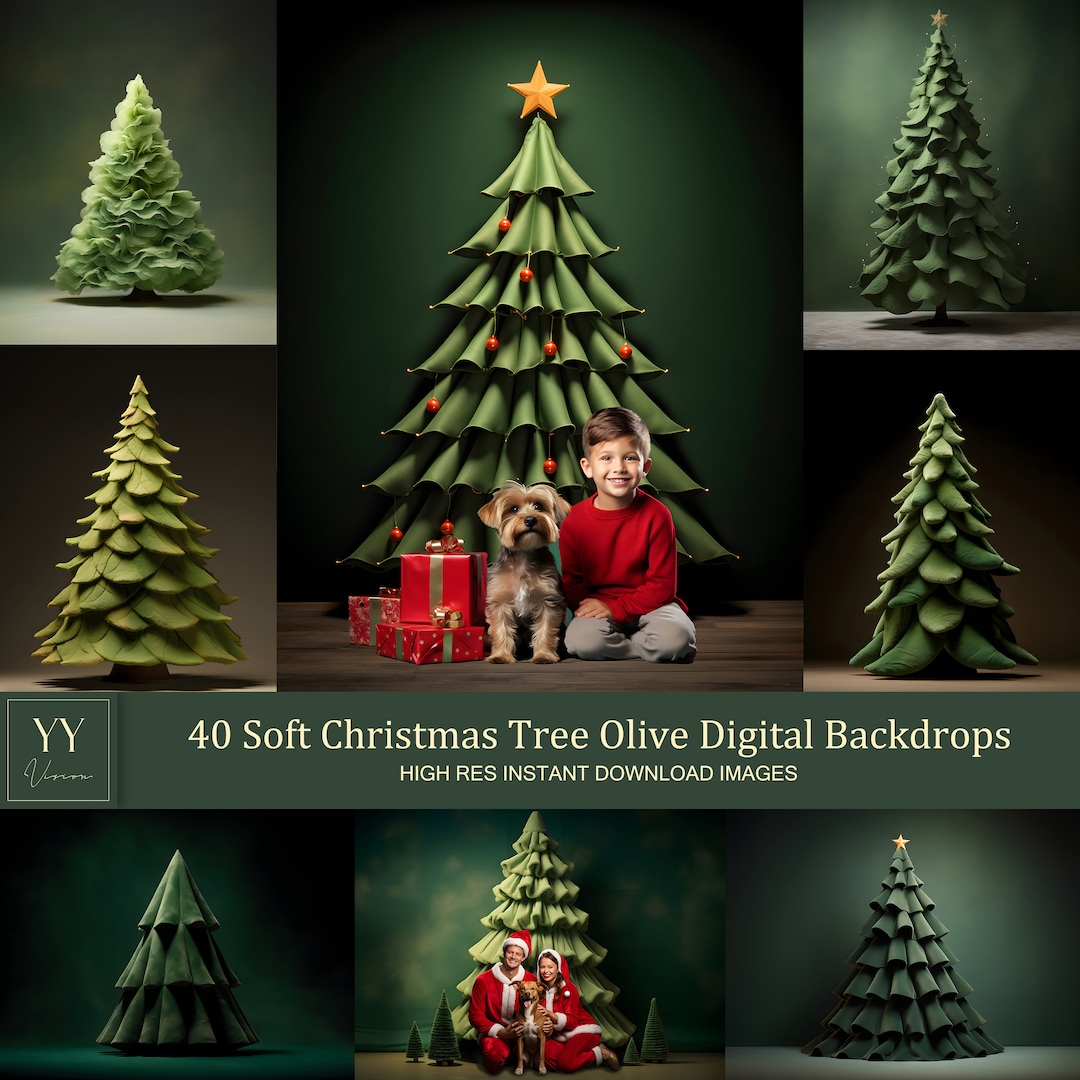 40 Soft Christmas Tree Olive Green Digital Backdrops Sets for Christmas