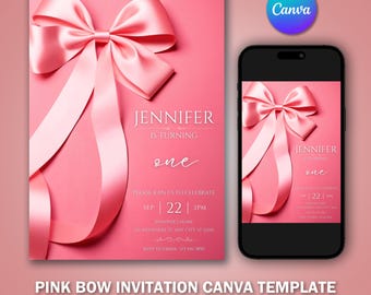 Pink Bow  Birthday Invitation Template V2 | Editable Printable Digital Invitation | Canva Template | Instant Download
