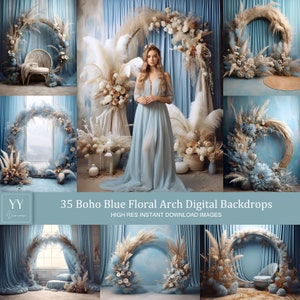 May include: A set of 35 digital backdrops featuring a blue backdrop with a floral arch made of dried flowers and pampas grass. The arch is in a variety of poses, including a full arch, a half arch, and a floral wreath. The backdrops are perfect for photographers and designers who want to create beautiful and unique images.