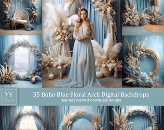 35 Boho Blue Floral Arch Digital Backdrop Sets for Maternity Wedding Photography Digital Backdrops Studio Photography JPG Photoshop Overlays