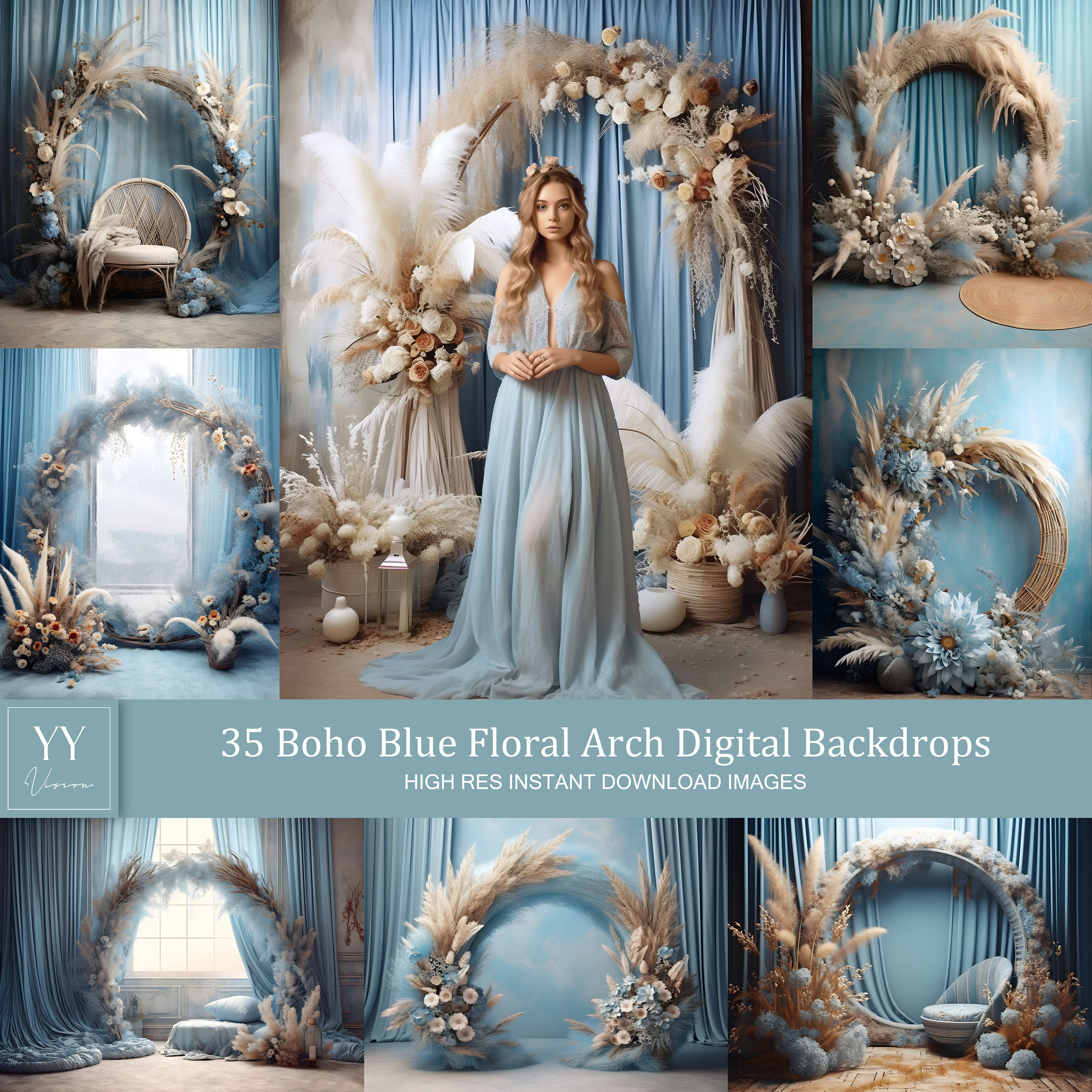35 Boho Blue Floral Arch Digital Backdrop Sets for Maternity Wedding ...