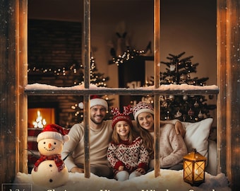 May include: A family poses in a Christmas scene, framed by a vintage window. A snowman with a red hat and scarf sits in the foreground. The text "Christmas Vintage Window Overlay" is visible. The family wears festive sweaters and hats.