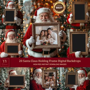 Puede incluir: Un conjunto de 20 fondos digitales con imágenes de Papá Noel sosteniendo un marco de fotos. Los marcos están vacíos y listos para que agregues tus propias fotos. Las imágenes son de alta resolución y perfectas para crear tarjetas navideñas, invitaciones u otros proyectos festivos.