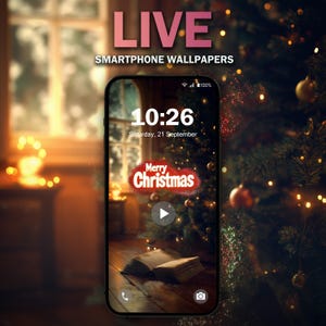 May include: A smartphone screen displaying a live wallpaper with a Christmas tree, a book, and the text "Merry Christmas". The time is 10:26 and the date is Saturday, 21 September.
