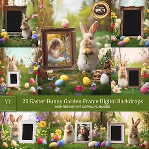 Könnte beinhalten: Zwanzig digitale Hintergründe mit Osterhasen in einer Gartenlandschaft mit bunten Eiern und Blumen. Jeder Hintergrund enthält einen Rahmen zum Einfügen eines Fotos.